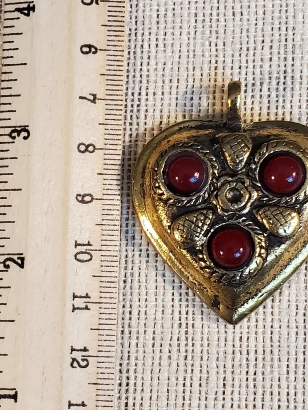 India Tribal Carved Heart Red Glass Cabs Antique Gold Aluminum Metal Pendant